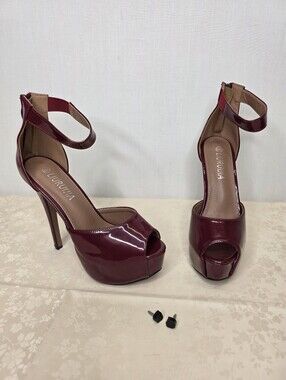 LIURUIJIA Burgundy Patent Platform Pumps Ankle Strap Heels 38 US 7.5